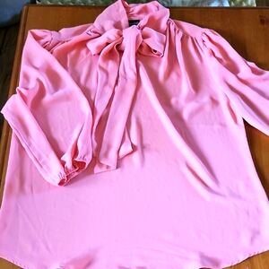 New York & Company Salmon Pink Tie Front Long Sleeve Blouse
